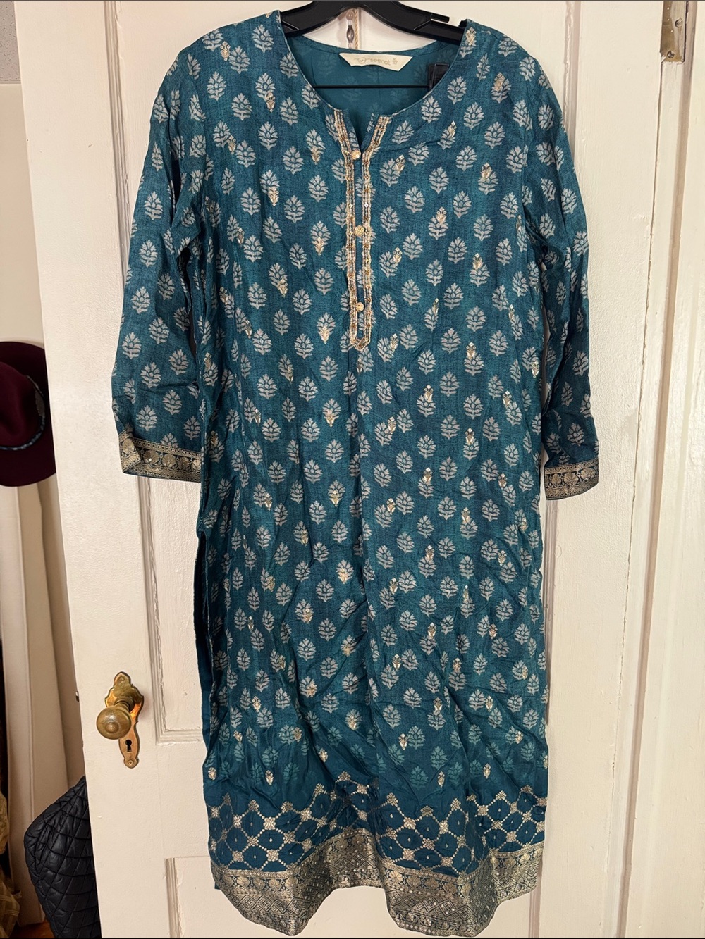 Three Piece Teal Kurta Dress , Pants and Shawl with Metallic Trim
